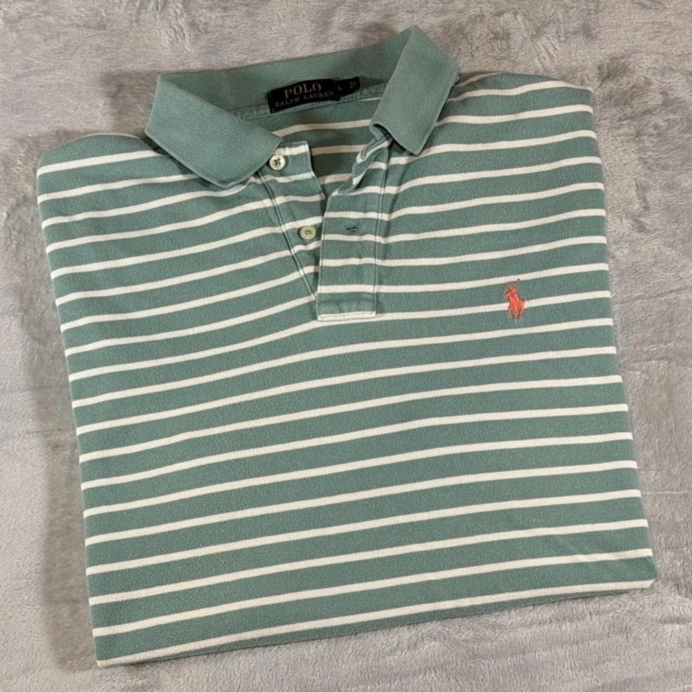 Polo Ralph Lauren Striped Polo Shirt | Sage Green & White | Large